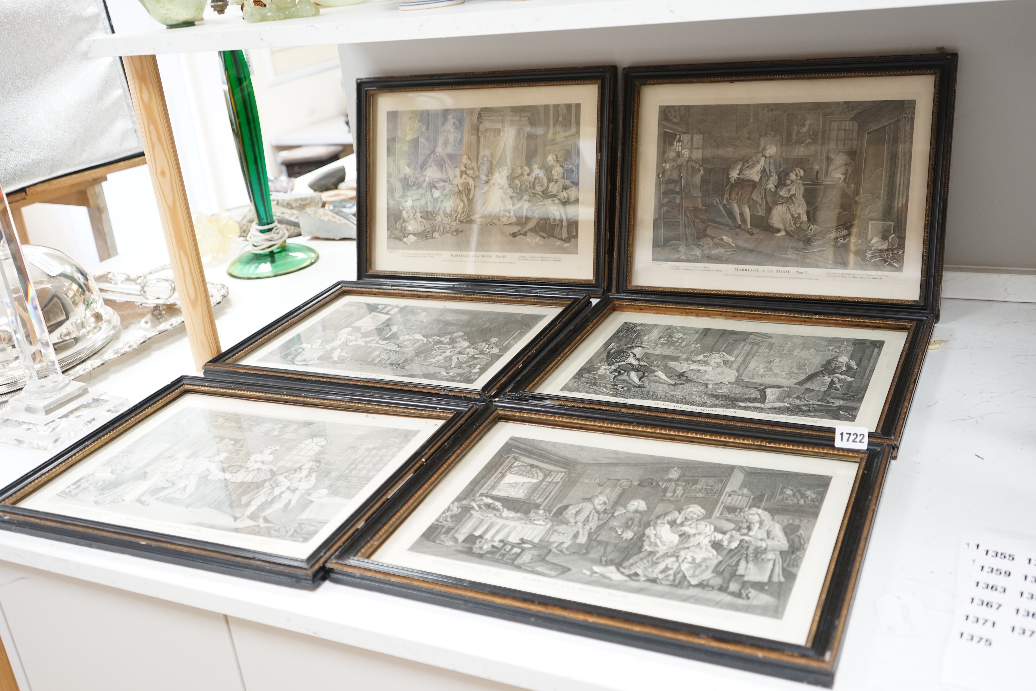 After William Hogarth (1697-1764), set of six satirical engravings, ‘Marriage a la Mode’, printed for Robert Sayer and Carington Bowles, London, 30 x 40cm. Condition - fair